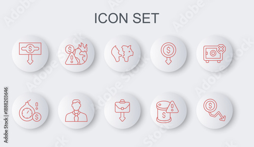 Set line Dollar rate decrease, Money bomb dollar crisis, Broken piggy bank, Drop in crude oil price, Global economic, Worker and Briefcase icon. Vector