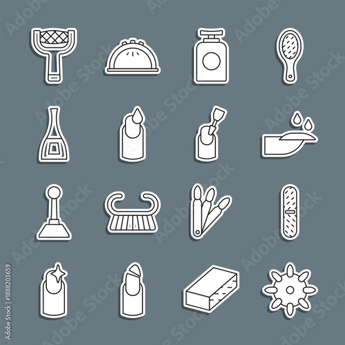 Set line False nails, Nail file, manicure, Tube of hand cream, Manicure, Bottle polish, and Milling cutter for icon. Vector