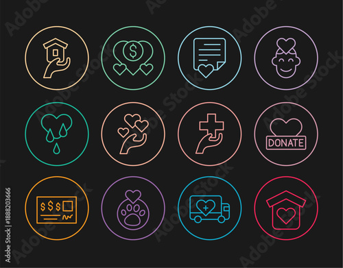 Set line Shelter for homeless, Donation and charity, Envelope with heart, Heart in hand, Blood donation, cross and icon. Vector
