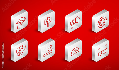 Set line Glasses, Peace, Megaphone, Sun, Tourist tent, No war, Cigarette and Love peace icon. Vector