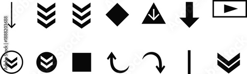 Minimal black arrow and navigation icon set featuring down arrows, chevrons, play button, and directional symbols for user interface and web design