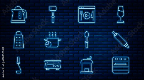 Set line Oven, Rolling pin, Cooking live streaming, pot, Grater, Electric kettle, Teaspoon and Kitchen hammer icon. Vector