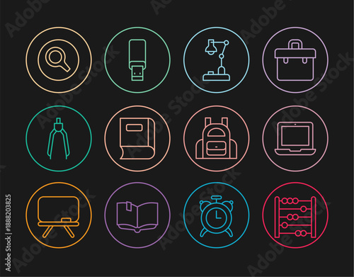 Set line Abacus, Laptop, Table lamp, Book, Drawing compass, Magnifying glass, School backpack and USB flash drive icon. Vector