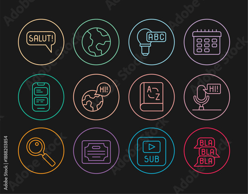Set line Speech bubble chat, Microphone voice device, Creative lamp light idea, Learning foreign languages, Online translator, Salut different, Translator book and Earth globe icon. Vector