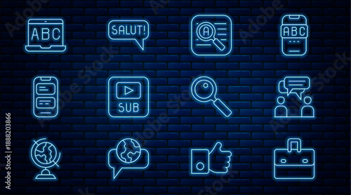 Set line Briefcase, Two sitting men talking, Translator, Video with subtitles, Online translator, Foreign language online study, Magnifying glass and Salut different languages icon. Vector