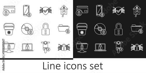 Set line Cyber security, Folder and lock, CD or DVD disk with, Cooler bag, Credit card, Open padlock and Smartphone icon. Vector