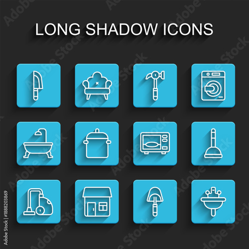 Set line Vacuum cleaner, House, Knife, Spatula, Washbasin, Cooking pot, Rubber plunger and Microwave oven icon. Vector