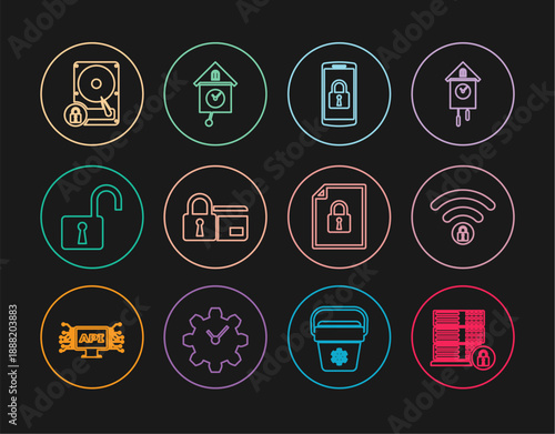 Set line Server security with lock, Wifi locked, Smartphone, Credit card, Open padlock, Hard disk drive and, Document and Retro wall watch icon. Vector