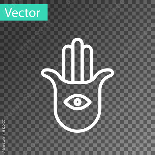 White line Hamsa hand icon isolated on transparent background. Hand of Fatima - amulet, symbol of protection from devil eye. Vector