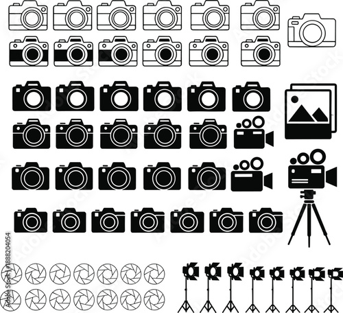 Photography and video camera icon set with DSLR, camcorder, tripod and studio lighting silhouettes, black and white vector symbols for media and production design