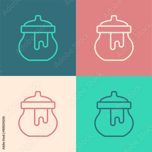 Pop art line Jar of honey icon isolated on color background. Food bank. Sweet natural food symbol. Vector