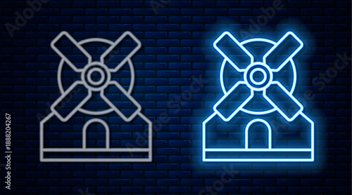 Glowing neon line Windmill icon isolated on brick wall background. Vector