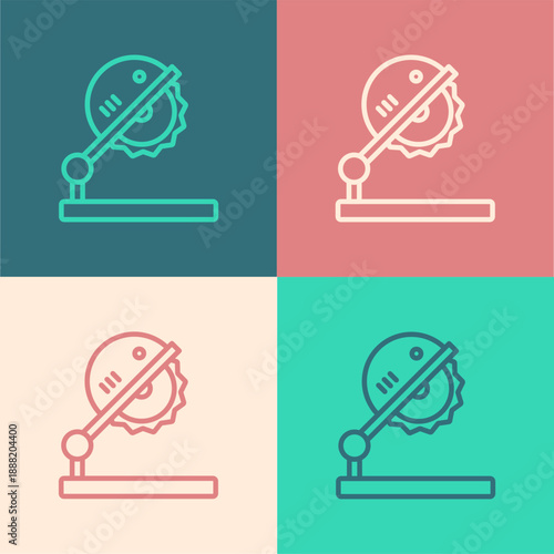 Pop art line Table saw for woodwork icon isolated on color background. Power saw bench. Vector