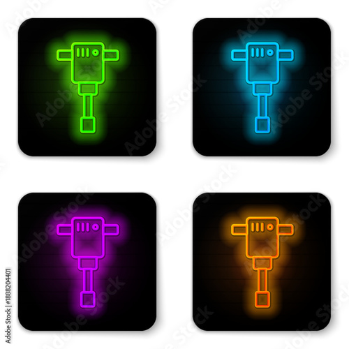 Glowing neon line Construction jackhammer icon isolated on white background. Black square button. Vector