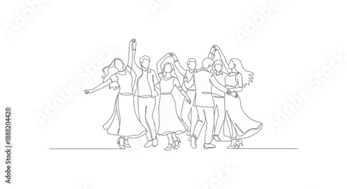 continuous line drawing people dancing together joyfully at a social celebration event conveying happiness and fluid rhythmic movement for abstract design.