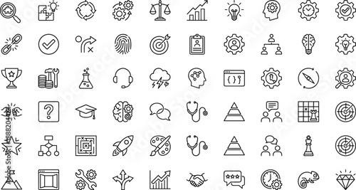 Business strategy icons, productivity symbols, communication tools, technology elements, personal development graphics, minimal line art, abstract concept illustrations