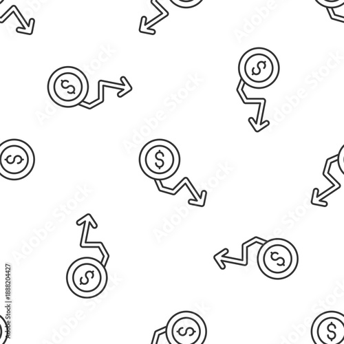 Grey line Dollar rate decrease icon isolated seamless pattern on white background. Cost reduction. Money symbol with down arrow. Business lost crisis decrease. Vector