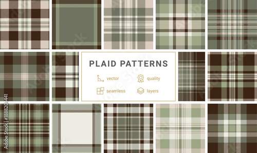 Elevate your creative projects with this timeless seamless plaid pattern. Earthy brown, soft beige, and sage green stripes create a cozy, rustic aesthetic for textiles and home decor.