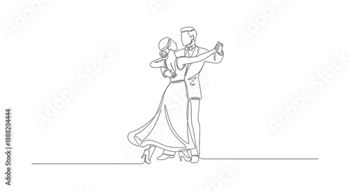 dancing couple line drawing performing a ballroom dance on a minimal white background symbolizing elegance and romance for wedding or event designs.