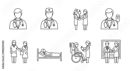 healthcare line icons depicting medical professionals patient care and hospital activities for health websites and apps.