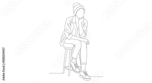 person thinking minimalist line art of individual on stool hand on chin depicting contemplation reflection and problem solving.