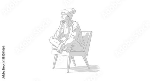 thoughtful young woman sitting on modern chair contemplating ideas illustrating mindfulness creativity and mental wellness in a relaxed home setting