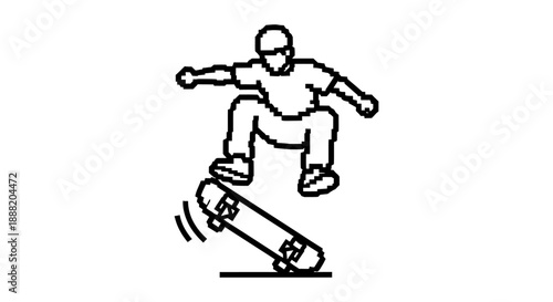 pixel art skateboarder character performing a dynamic ollie trick with motion lines ideal for retro gaming app design and action sports graphics.