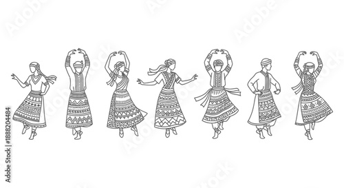 traditional folk dancers vector illustration line art showing diverse men and women performing a cultural dance for design projects.