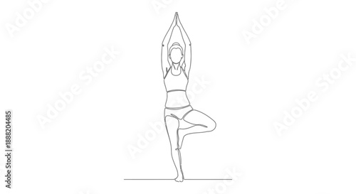 yoga tree pose line drawing of a woman performing vrikshasana promoting mindfulness and balance in a fitness and wellness context