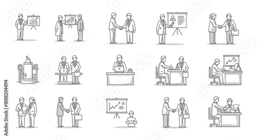 business teamwork concepts vector set featuring diverse professionals collaborating presenting data and shaking hands in an office setting.
