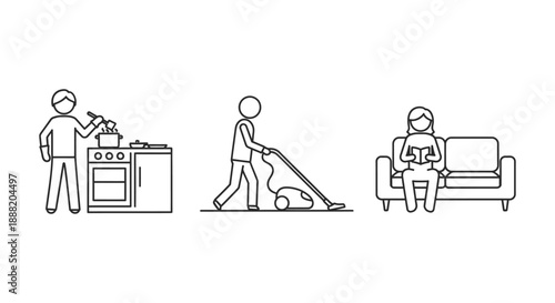 daily home activities show people performing household chores like cooking and vacuuming balanced with relaxing and reading on a sofa.