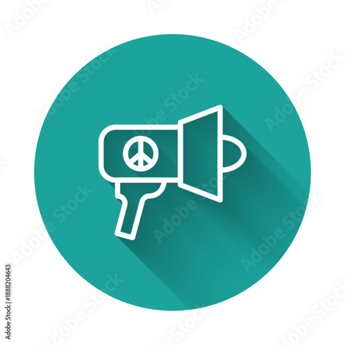 White line Megaphone icon isolated with long shadow background. Speaker sign. Green circle button. Vector