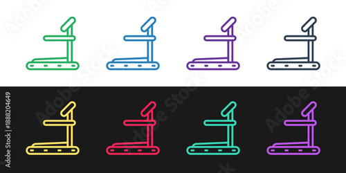 Set line Treadmill machine icon isolated on black and white background. Vector