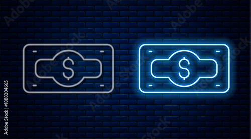 Glowing neon line Stacks paper money cash icon isolated on brick wall background. Money banknotes stacks. Bill currency. Vector