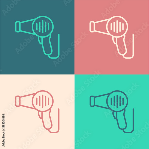 Pop art line Hair dryer icon isolated on color background. Hairdryer sign. Hair drying symbol. Blowing hot air. Vector