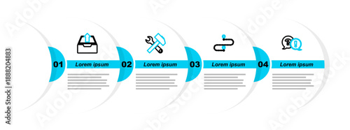 Set line Question and Exclamation, Route location, Crossed hammer wrench and Upload inbox icon. Vector