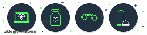 Set line Bottle with pills for potency, Handcuffs, Laptop 18 plus content and Condoms safe sex icon. Vector