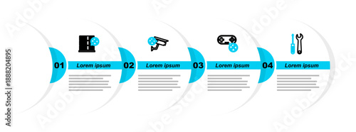 Set line Screwdriver and wrench, Gamepad service, Security camera and Database server icon. Vector