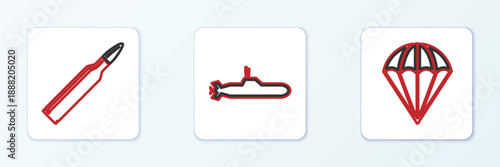 Set line Parachute, Bullet and Submarine icon. Vector