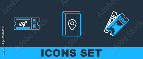 Set line Museum ticket, Airline and Cover book travel guide icon. Vector
