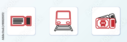 Set line Bus ticket, Ticket and Train icon. Vector