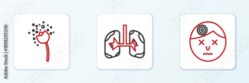 Set line Man having headache, Flower producing pollen and Lungs icon. Vector