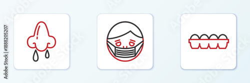 Set line Chicken egg in box, Runny nose and Face protective mask icon. Vector