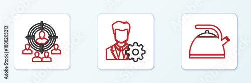 Set line Kettle with handle, Marketing target strategy and Profile settings icon. Vector