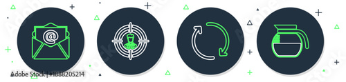 Set line Head hunting, Refresh, Mail and e-mail and Coffee pot icon. Vector