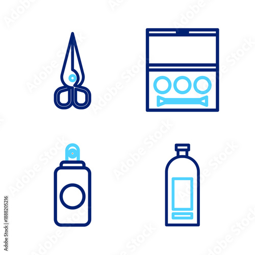 Set line Bottle of shampoo, Spray can, Eye shadow palette and Scissors icon. Vector