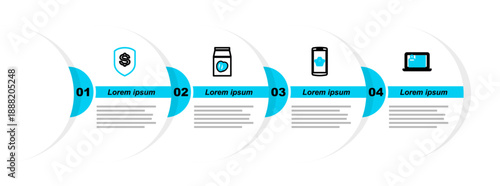 Set line Laptop with resume, Shopping basket on mobile, Coffee beans bag and Shield and dollar icon. Vector