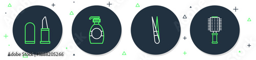 Set line Bottle of liquid soap, Eyebrow tweezers, Lipstick and Hairbrush icon. Vector