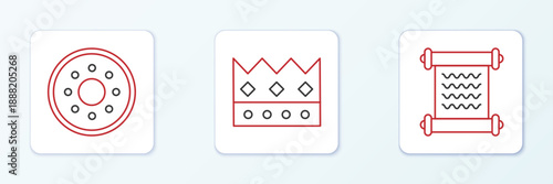 Set line Decree, parchment, scroll, Round wooden shield and King crown icon. Vector