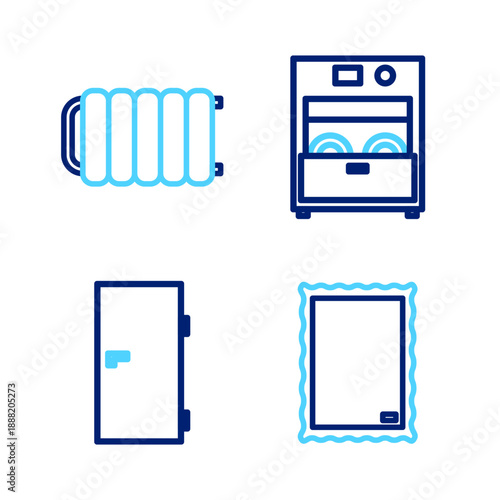 Set line Picture, Closed door, Kitchen dishwasher machine and Heating radiator icon. Vector